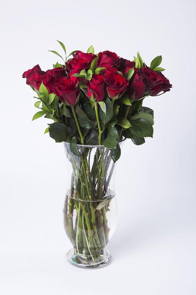 12 red roses with greenery in Handmade Vase - Kenly's